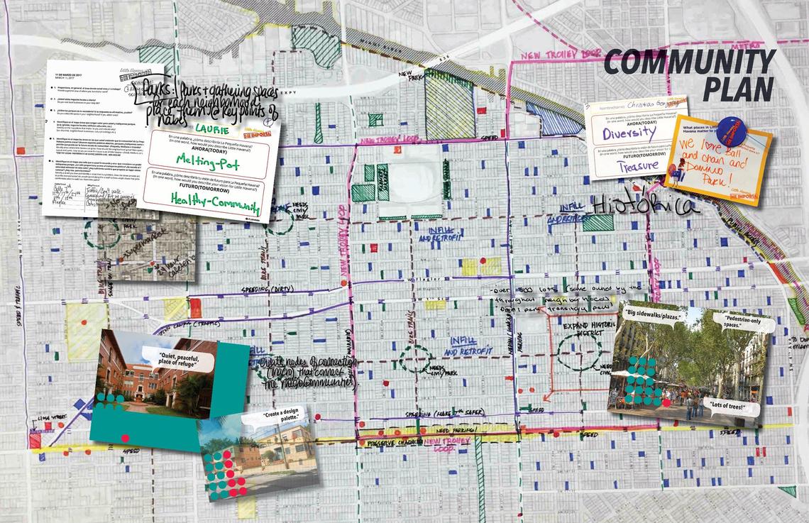 One of the working maps of the project. Eight bilingual workshops and community events were conducted throughout the neighborhood to find a common voice among residents and business owners.