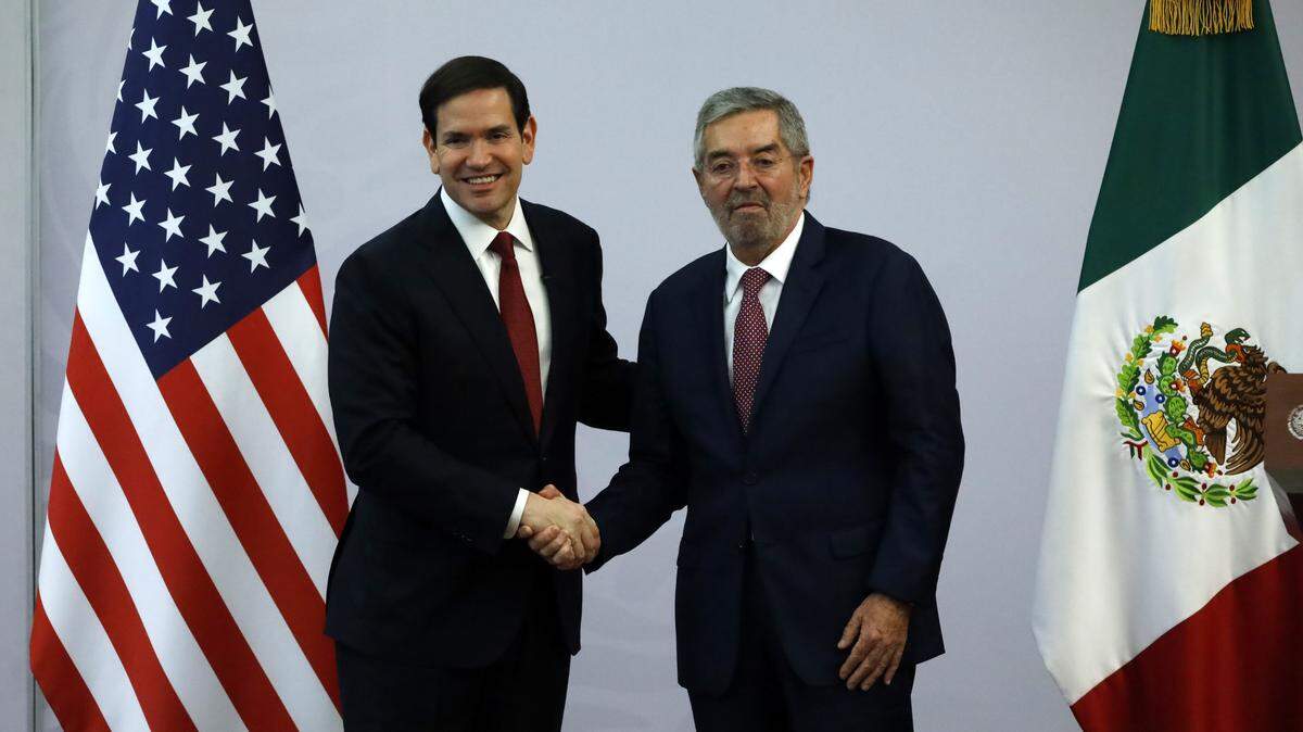 Mexican Foreign Minister Juan Ramon de la Fuente and U.S. Secretary of State Marco Rubio pose for a photo during a press conference on bilateral security relations after meeting with Mexican President Claudia Sheinbaum Pardo as part of U.S. Secretary of State Marco Rubio's working visit to Mexico at the Foreign Relations Building. on September 3, 2025, in Mexico City, Mexico. (Photo by Luis Barron/Eyepix Group/Sipa USA)