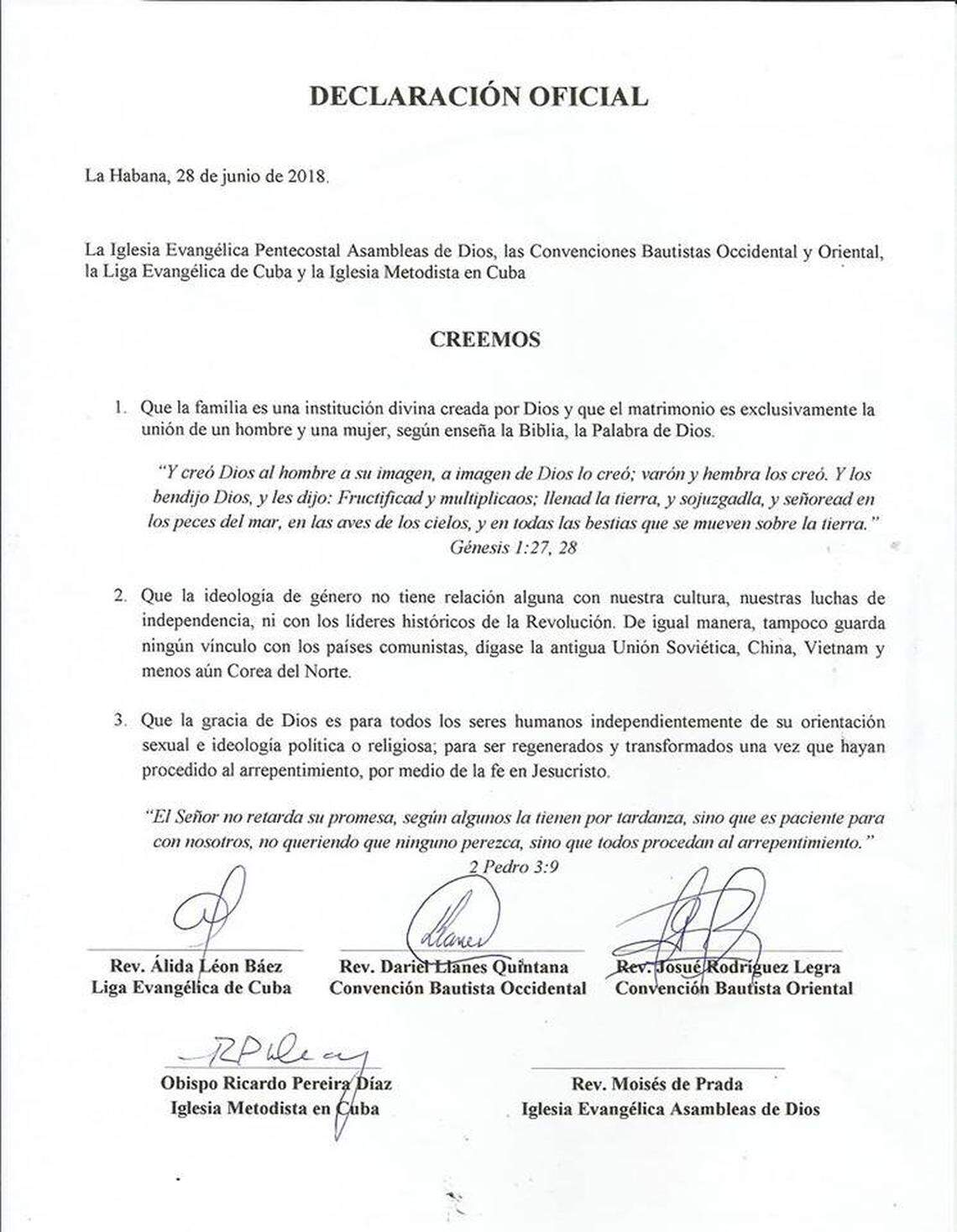 Declaración de las iglesias evangélicas históricas en Cuba