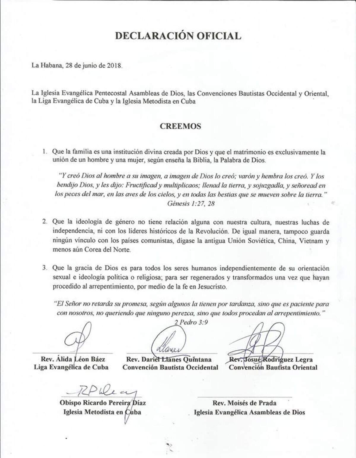 Declaración de las iglesias evangélicas históricas en Cuba