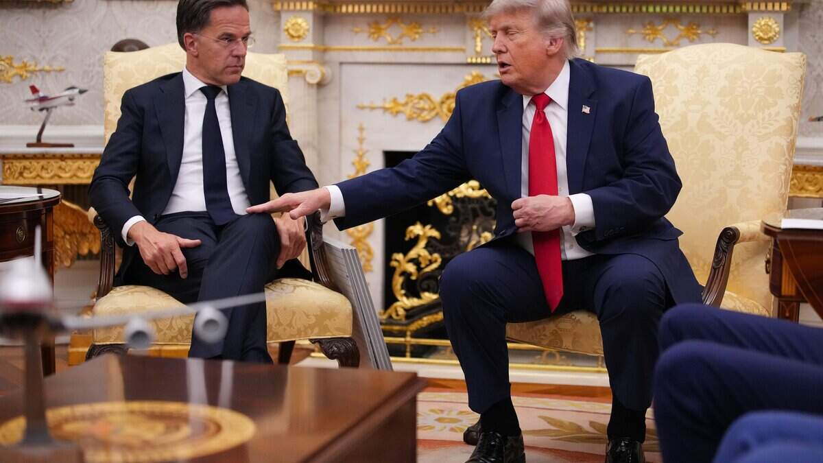 WASHINGTON, DC - JUNE 24: NATO Secretary-General Mark Rutte (L) and U.S. President Donald Trump speak during a meeting in the Oval Office of the White House on June 24, 2026 in Washington, DC. Secretary-General Mark Rutte is meeting with the President before the annual NATO summit next month and as the Pentagon does a six-month review of American forces in Europe. (Photo by Andrew Harnik/Getty Images)