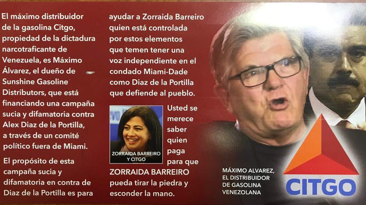 Un panfleto enviado por correo a los electores del Distrito 5 de Miami-Dade por Proven Leadership for Miami-Dade County trata de vincular a la candidata Zoraida Barreiro con el presidente venezolano Nicolás Maduro.