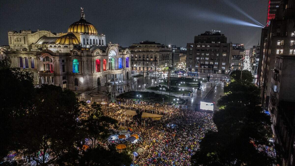 MEXICO CITY, MEXICO - JUNE 30: Aerial photograph taken with a drone of people watching the game on the esplanade of the Palacio de Bellas artes during the Mexico v Ecuador match on June 30, 2026 in Mexico City, Mexico. (Photo by Hector Quintanar/Getty Images)