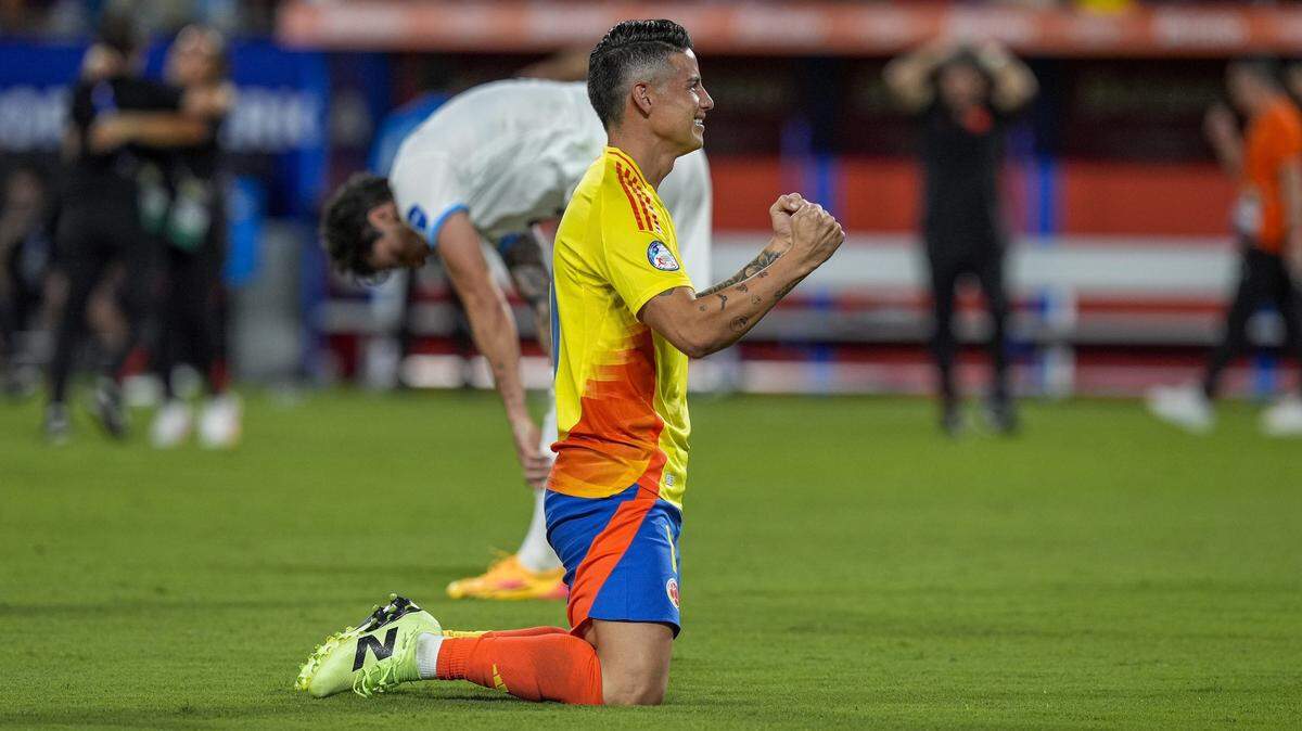 James Rodríguez celebra tras la victoria 1-0 de Colombia sobre Uruguay en la semifinal de la Copa América, el miércoles 10 de julio de 2024, en Charlotte, Carolina del Norte.