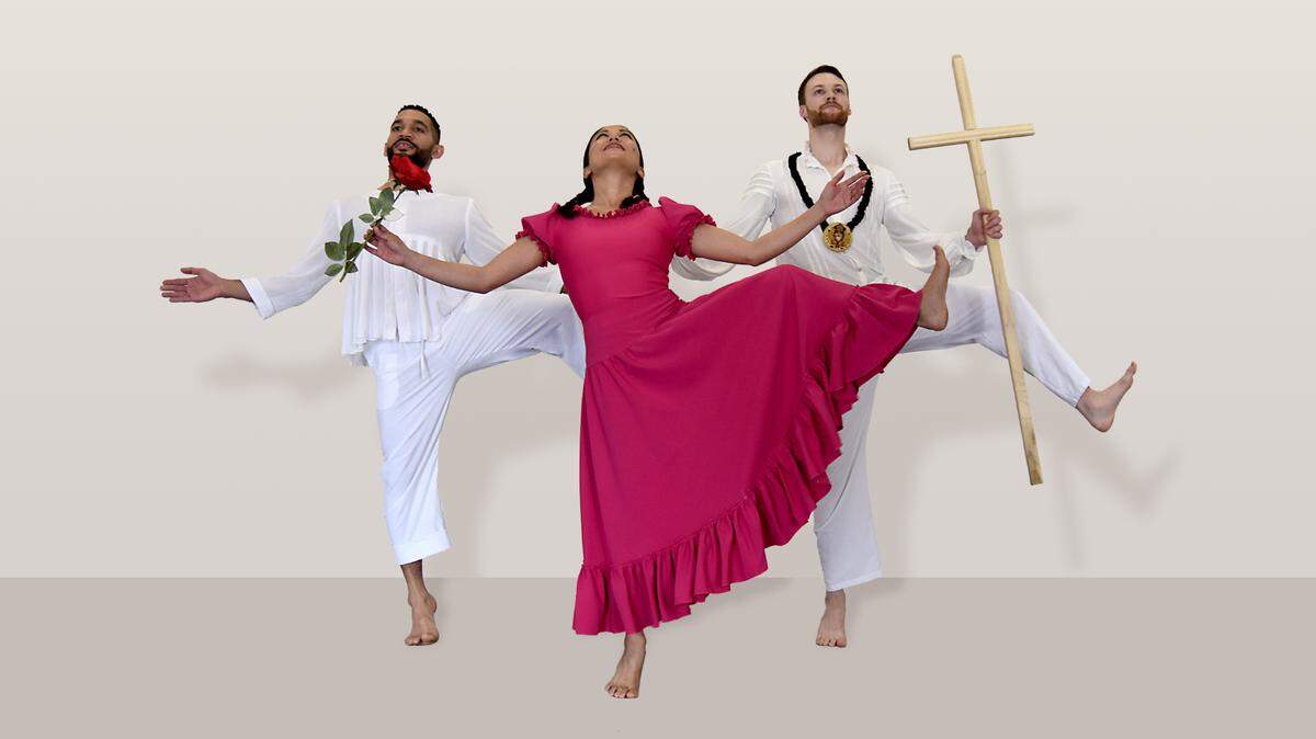 Los intérpretes de “La Malinche”: Anthony Velázquez (“El Indio”), Allyn Ginns Ayers (“La Malinche”) y Matthew Heufner (“El Conquistador”).