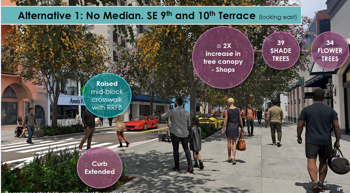 Una representación gráfica presentada a la Comisión de la Ciudad de Fort Lauderdale muestra un rediseño de Las Olas Boulevard sin separadoir de vía central y con mayor vegetación a lo largo de aceras más amplias.