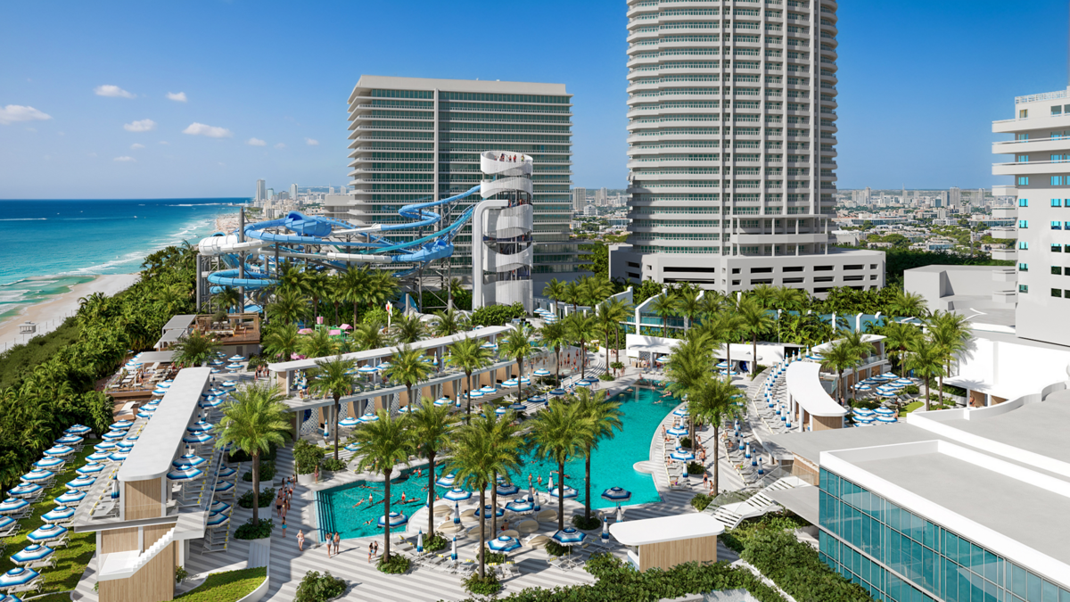 Representación de la ampliación de la piscina de Fontainebleau Miami Beach. Vista aérea orientada al sur.