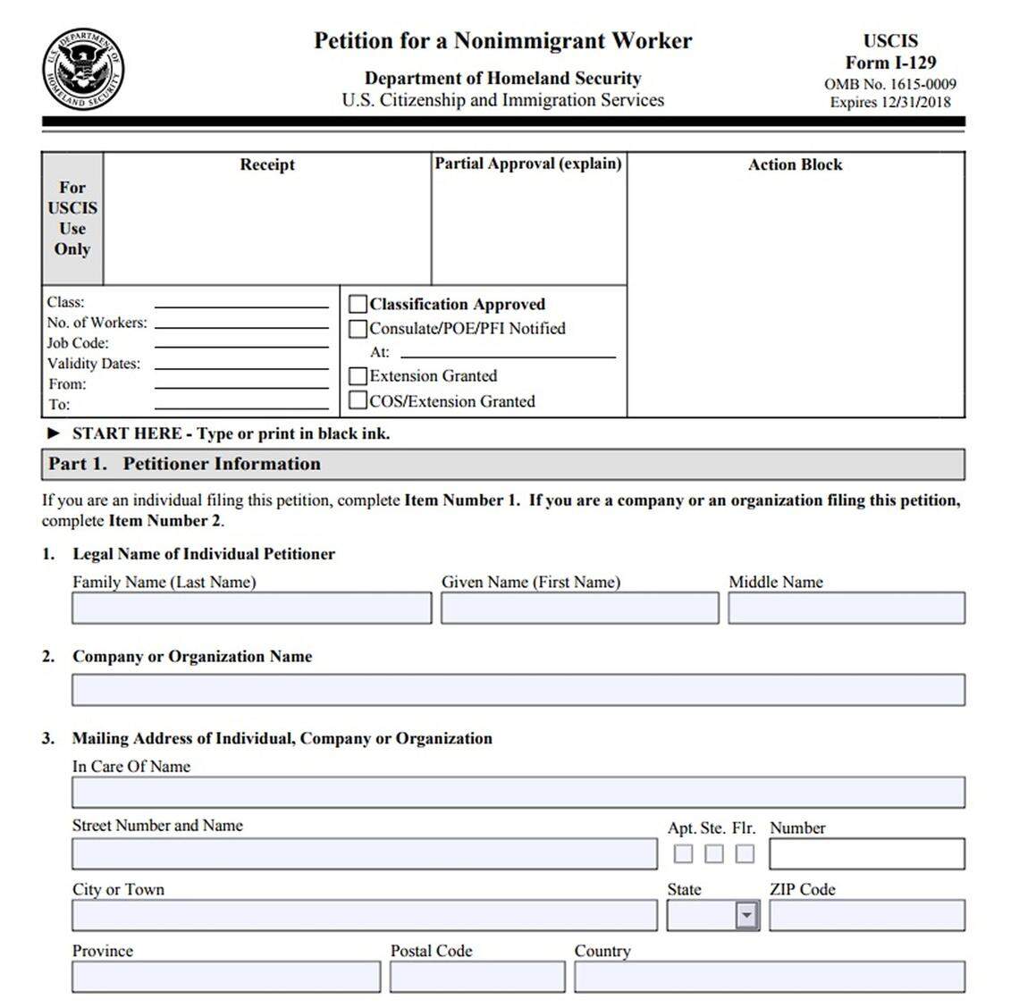 El formulario I-129, Petición de Trabajador No Inmigrante, es usado para visas de empleo temporal.