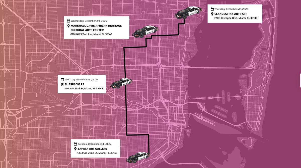 Mapa de los lugares seleccionados para la proyección de las obras agrupadas en la exhibición “Looking at Models” durante la Semana de Arte en Miami.  