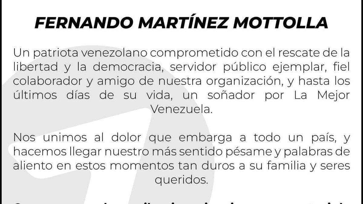 El partido venezolano de oposición Voluntad Popular compartió en X este mensaje anunciando el fallecimiento del activista Fernando Martínez Mottola. 