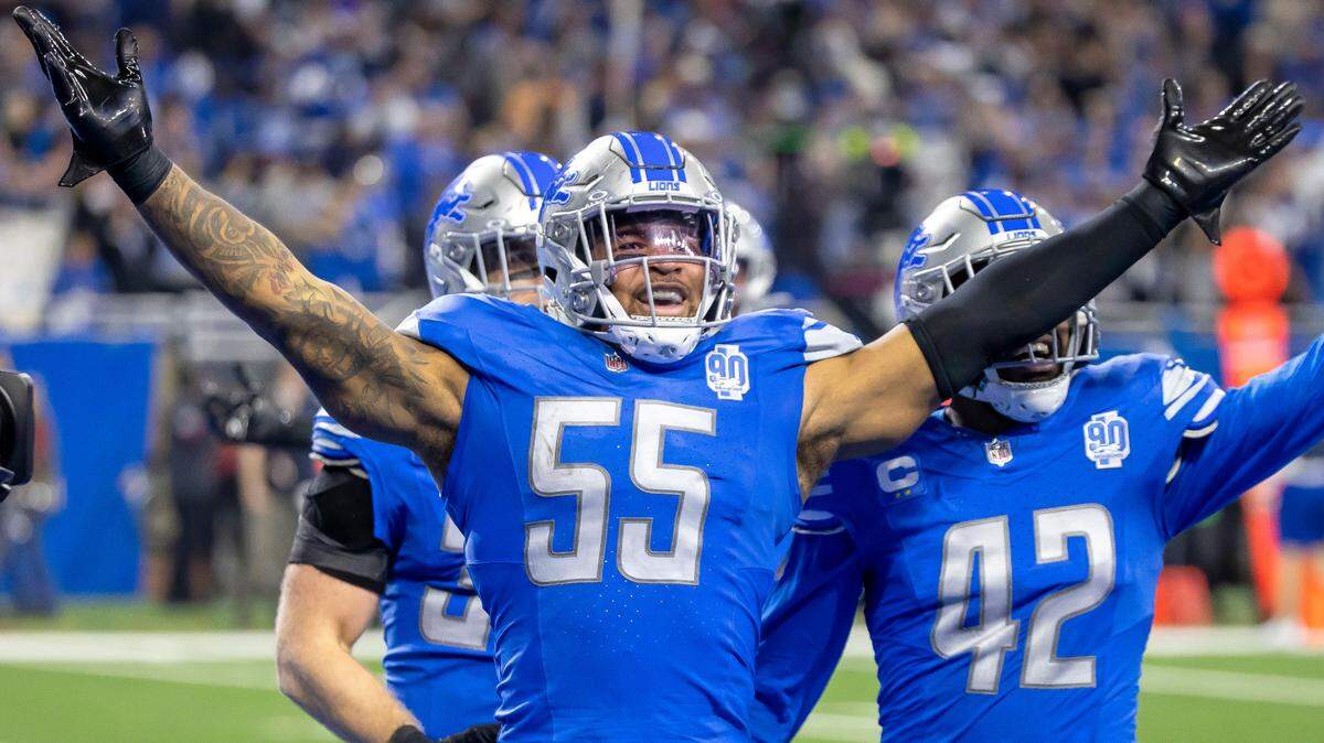 Jan 21, 2024; Detroit, Michigan, USA; Detroit Lions linebacker Derrick Barnes (55) celebrates after making an interception against the Tampa Bay Buccaneers during the second half in a 2024 NFC divisional round game at Ford Field. Mandatory Credit: Lon Horwedel-USA TODAY Sports