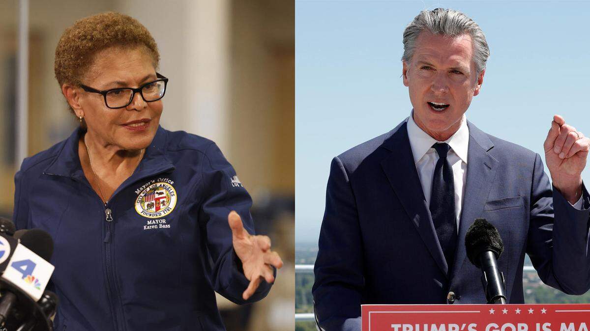 Combo de fotografías de archivo de la alcaldesa de Los Ángeles, Karen Bass (izq.) y el gobernador de California, Gavin Newsom. Las voces demócratas del gobernador de California, Gavin Newsom, y la alcaldesa de Los Ángeles, Karen Bass, han tomado un protagonismo especial al posicionarse como figuras clave en la resistencia institucional a las decisiones del gobierno federal bajo el liderazgo del presidente, Donald Trump.