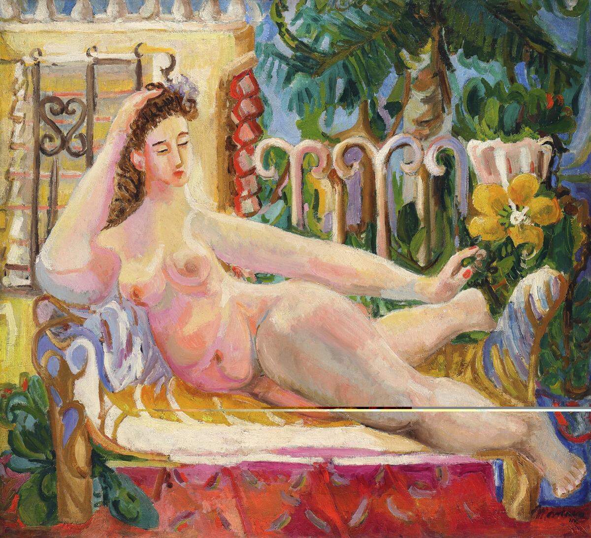 “Desnudo reclinado en el jardín” (Reclining Nude in Garden), 1942, de Mariano Rodríguez. Óleo sobre lienzo, 33 x 36 pulgadas, Latin Art Core Gallery Collection, Miami © Estate Mariano Rodríguez. 