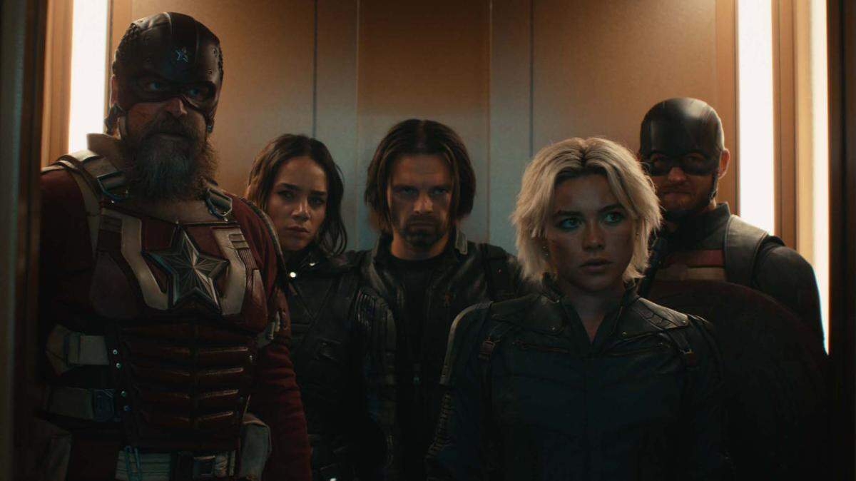 (L-R): Alexei Shostakov/Red Guardian (David Harbour), Ghost (Hannah John-Kamen), Bucky Barnes (Sebastian Stan), Yelena Belova (Florence Pugh), and John Walker (Wyatt Russell) in Marvel Studios’ THUNDERBOLTS*. Photo courtesy of Marvel Studios. © 2024 MARVEL.