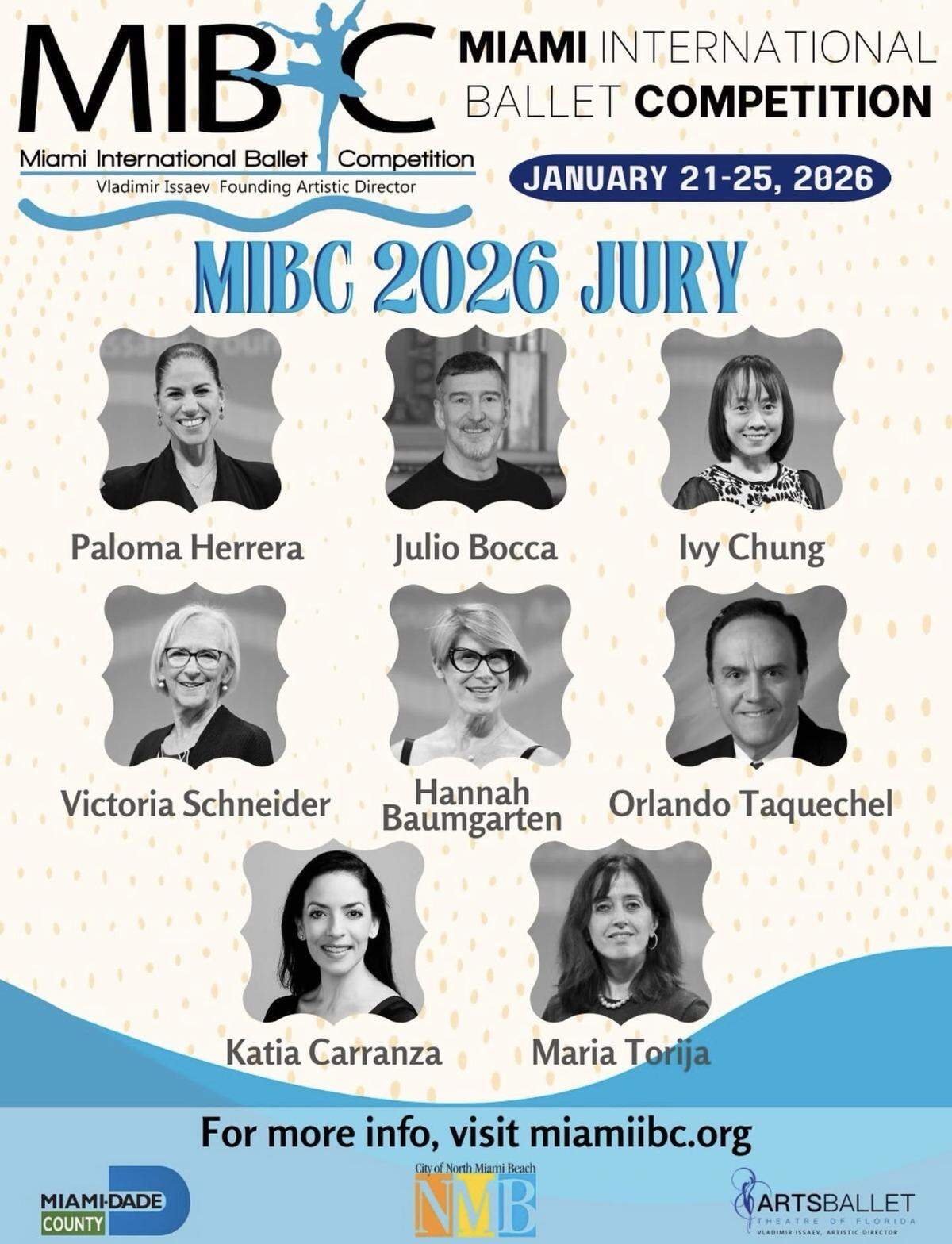  Cartel promocional del jurado calificador de la Miami International Ballet Competition (MIBC) de 2026.