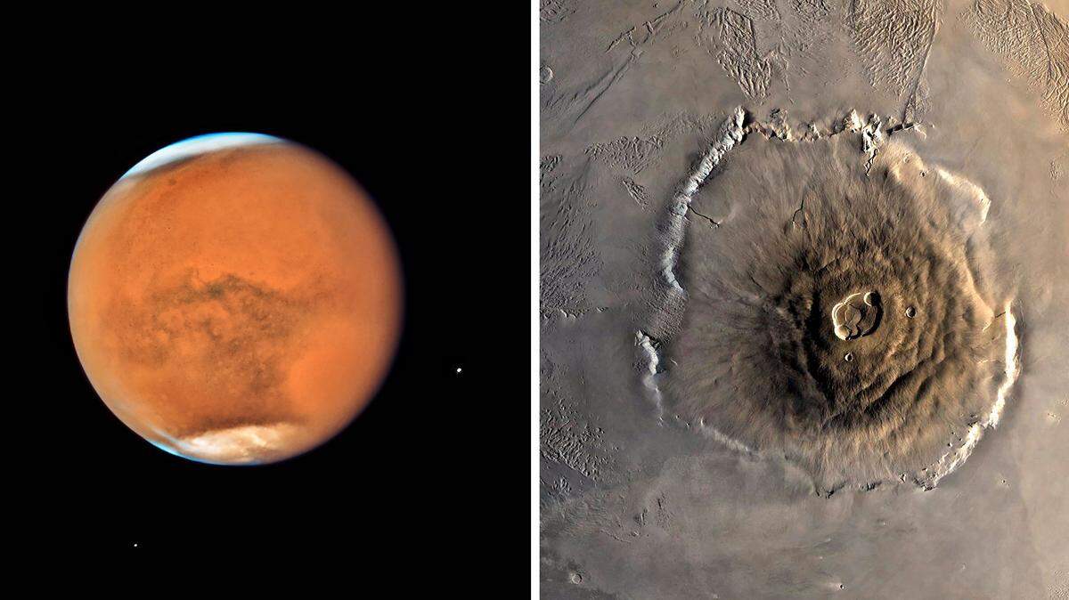Una combinación de fotos de la NASA muestra, a la izquierda a Marte como se ve a través del telescopio Hubble en julio de 2018. A la derecha, el Olympus Mons, el volán más grande del sistema solar.