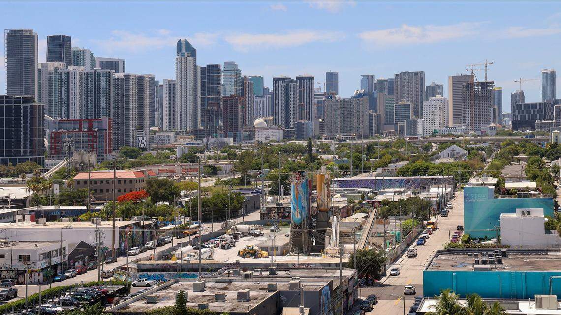 The Miami skyline rises above the Wynwood neighborhood on Tuesday, June 4, 2024, as development takes hold of the former artist enclave, inspiring the sprouting of urban luxury residential expansion.