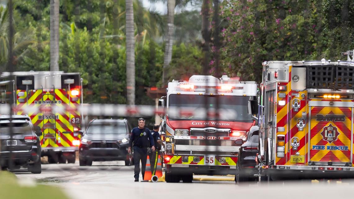 First responders work an active fire inside the Landmark Ranch Estates neighborhood on Wednesday, Jan. 3, 2023, in Southwest Ranches, Fla. Davie Fire Rescue crews alongside the Broward Sheriff’s Office worked to put out a two-alarm fire at a home belonging to Miami Dolphins wide receiver Tyreek Hill inside the gated community.