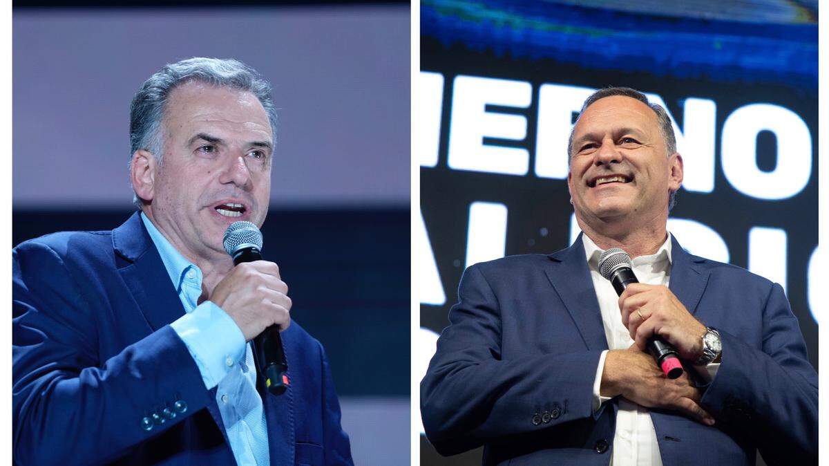 Los candidatos a la presidencia de Uruguay, Yamandú Orsi del izquierdista Frente Amplio (izq.) y Álvaro Delgado del Partido Nacional de centroderecha, se enfrentarán en la segunda vuelta electoral el 24 de noviembre de 2024.