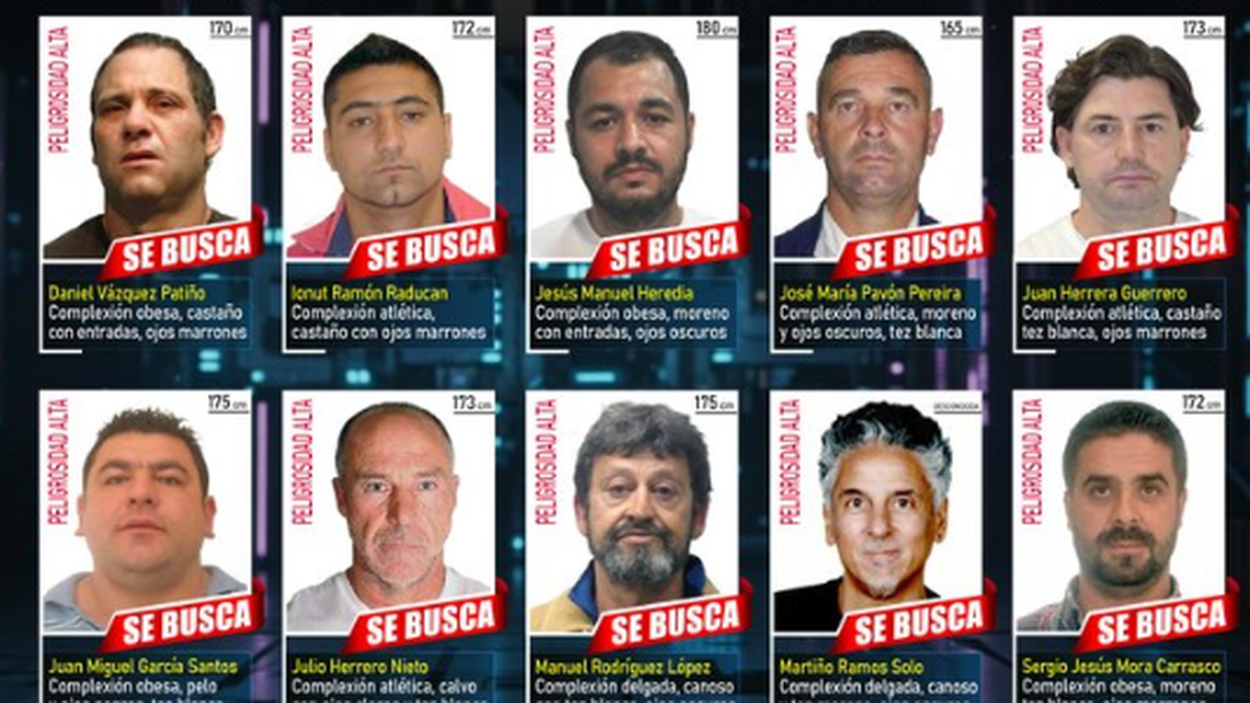 El profesor Martiño Ramos Soto era uno de los diez fugitivos más buscados por la justicia española (abajo segundo de der. a izq.).