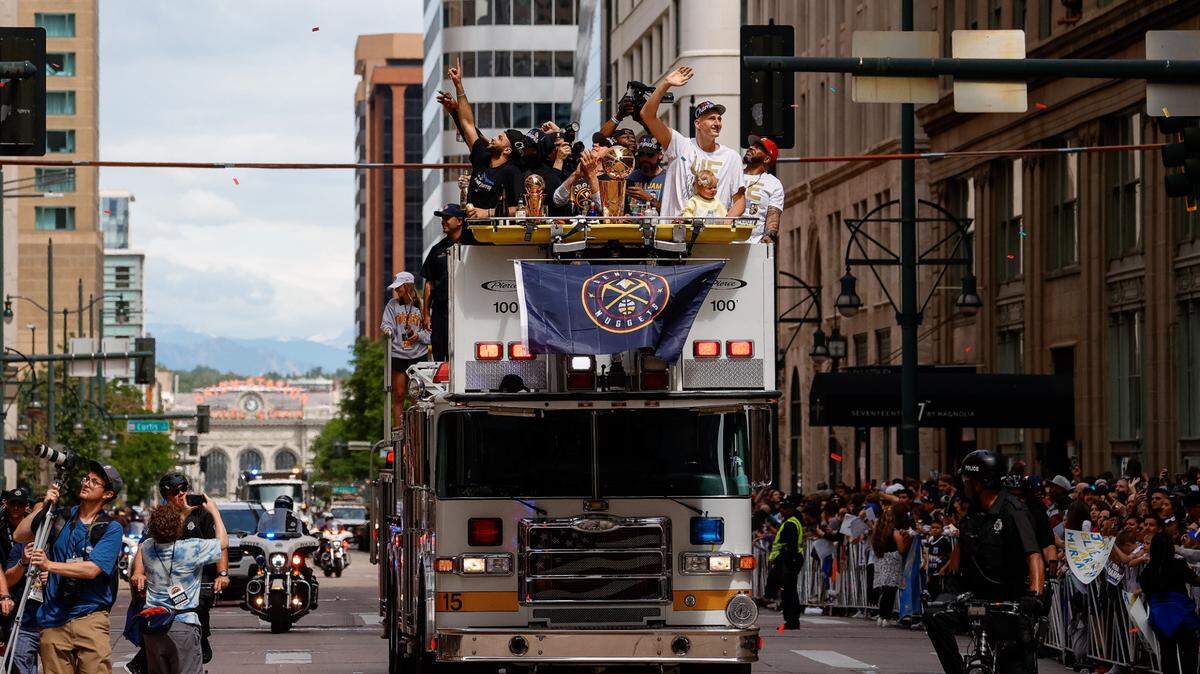 The Denver Nuggets celebrated the first NBA title in their 56-year history on Thursday with a parade aboard fire trucks through the streets of Denver, Colorado, before more than 500,000 celebrating fans.