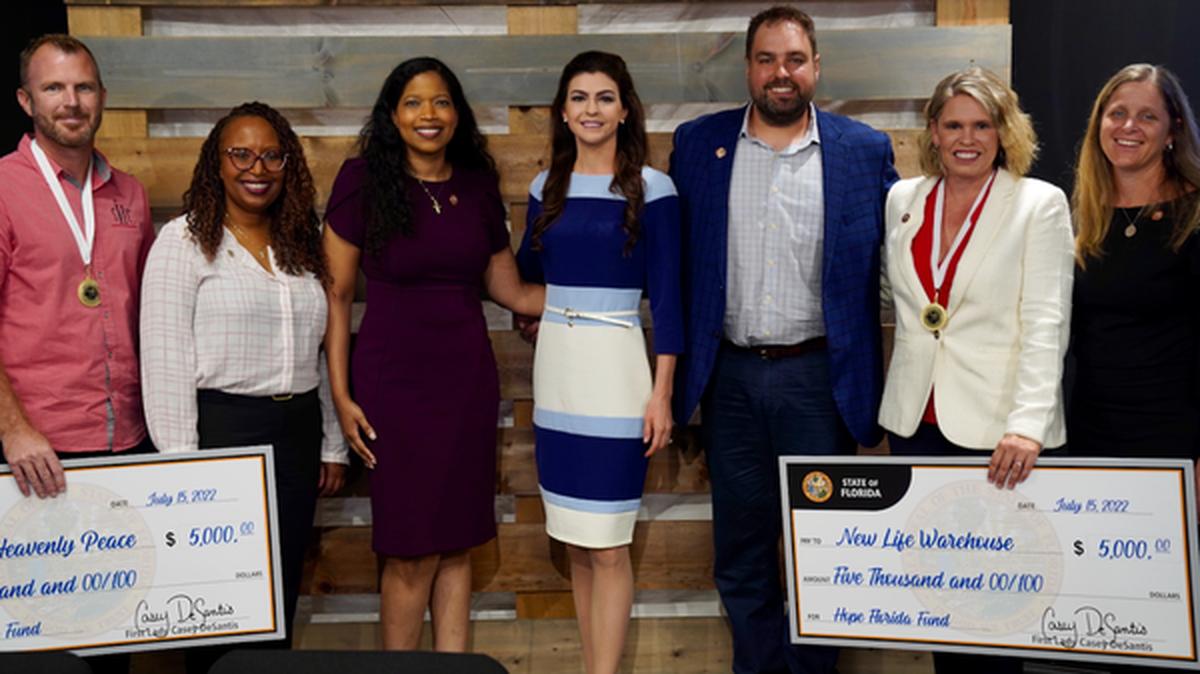 First Lady Casey DeSantis (center) seen here at event for Hope Florida, an initiative she created to help families get off public assistance. A Miami Herald/Tampa Bay Times investigation found the state-created charity supporting the program acted as a pass-through for $10 million in Medicaid to two dark money groups working to defeat the recreational marijuana amendment on the ballot last year.