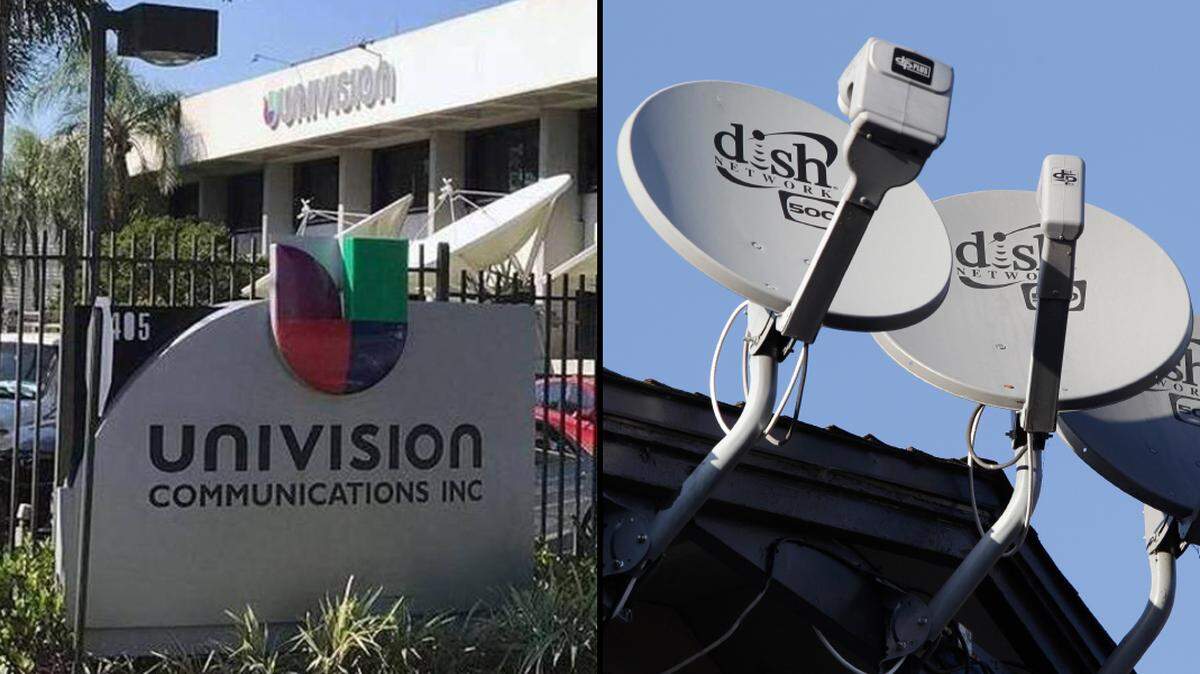 Combinación de fotografías de la fachada de Univision en la ciudad de Doral y de varias antenas de Dish.