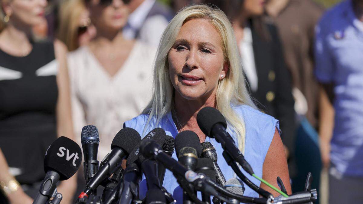 U.S. Representative Marjorie Taylor Greene (R-GA) speaks at a press conference alongside alleged victims of Jeffrey Epstein at the U.S. Capitol in Washington, D.C. on September 3, 2025, announcing the Epstein Files Transparency Act, which calls for the release of all unclassified documents in the Jeffrey Epstein case. (Photo by Bryan Dozier / Middle East Images via AFP) (Photo by BRYAN DOZIER/Middle East Images/AFP via Getty Images)