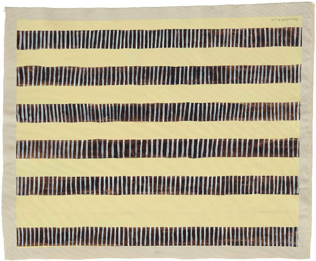 'Hi I hipe amakuripe&nbsp;(Troncos con rastros iridiscentes)', 2021, de Sheroanawe Hakihiiwë. Acrílico sobre lienzo, 35.2 x 28.7 pulgadas (89.5 x 73 cm). Colección privada.