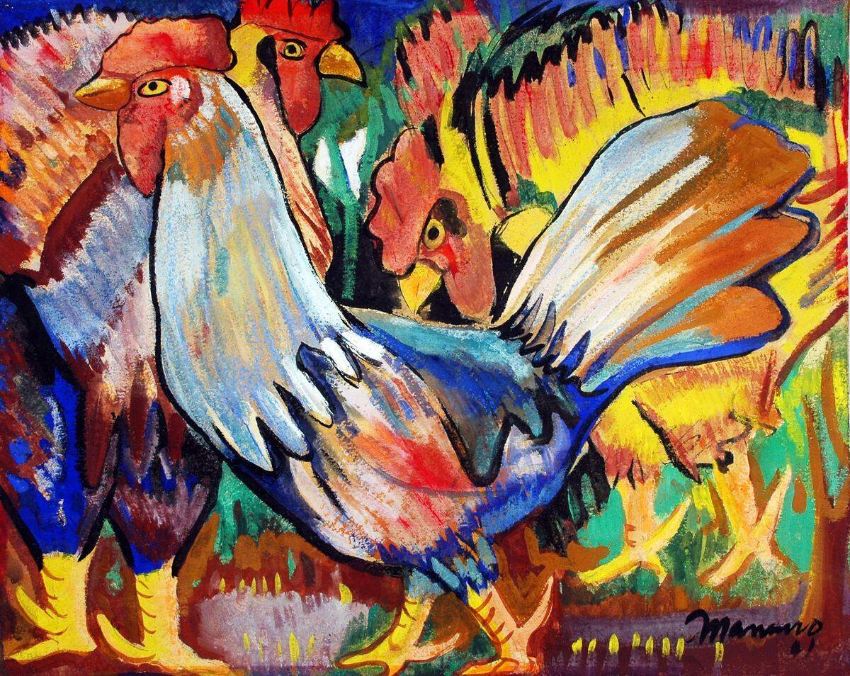 ‘Gallos’, 1941, técnica mixta sobre masonite, 17 7/8 x 22 1/8 pulgadas. Colección privada.