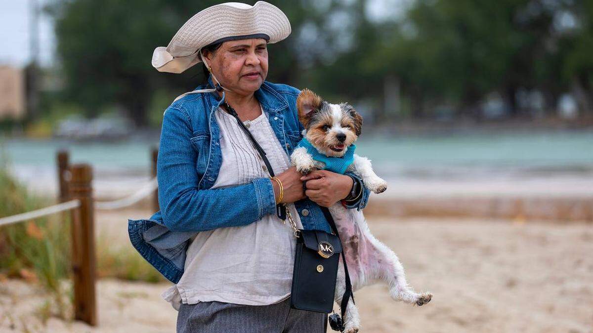 Devika Persad carga a su perro Tucker de un año cerca del faro de Bal Harbour el martes 5 de noviembre de 2024, en Bal Harbour, Florida. Vienen días fríos en Miami-Dade y Broward. 