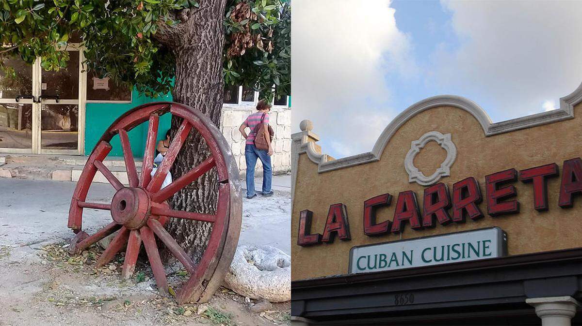 Composición de fotos de La Carreta en La Habana (izquierda) y en Miami, en la calle 40 (Bird Road) y la avenida 86, una de las sucursales que se han extendido por el sur de la Florida partiendo de la primera fundada en la Calle Ocho en 1976.