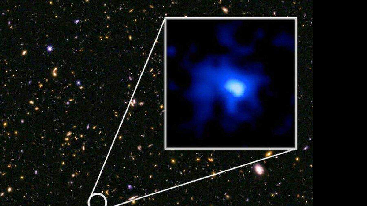 La galaxia excepcionalmente brillante llamada EGS-zs8-1. Ilustra GALAXY (categoría a), por Rachel Feltman (c) 2015, The Washington Post. Movido Martes, 05 de mayo 2015.