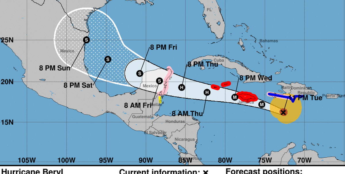 El ojo del huracán Beryl pasó al sur de República Dominicana el martes y se espera que traiga vientos y una marejada ciclónica peligrosa a Jamaica.