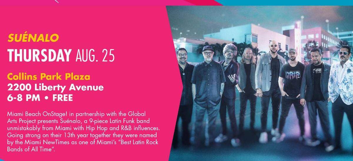 “Suénalo”, una banda de funk latino en el Collins Park Plaza.