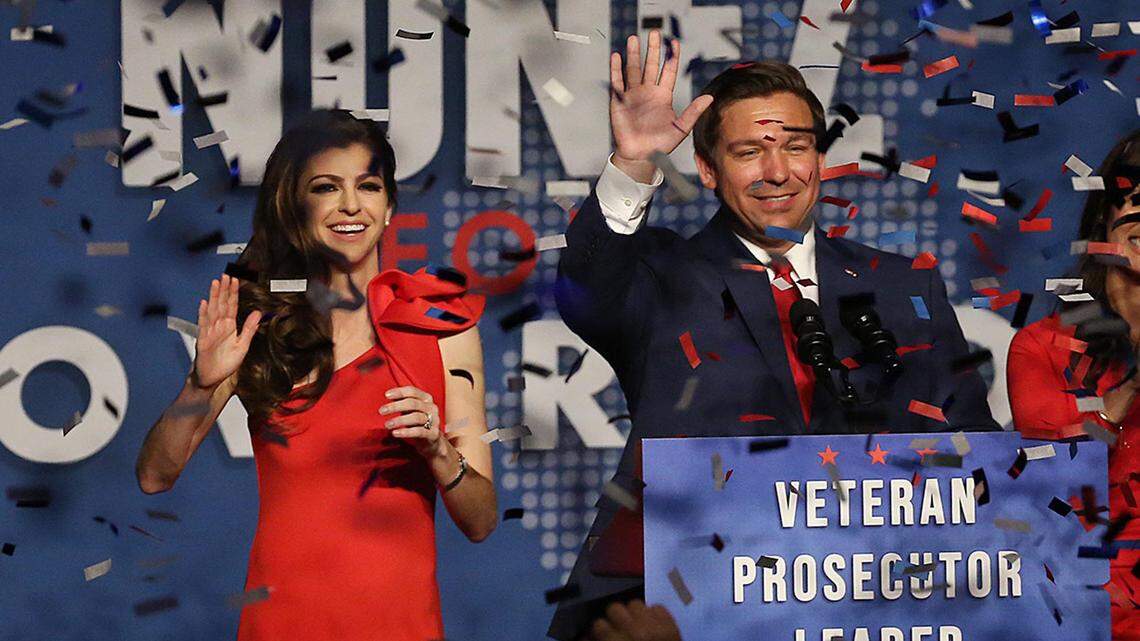 Ron DeSantis and his wife, Casey, celebrate after winning the Florida Governor’s race at the Rosen Centre in Orlando on Tuesday, Nov. 6, 2018.