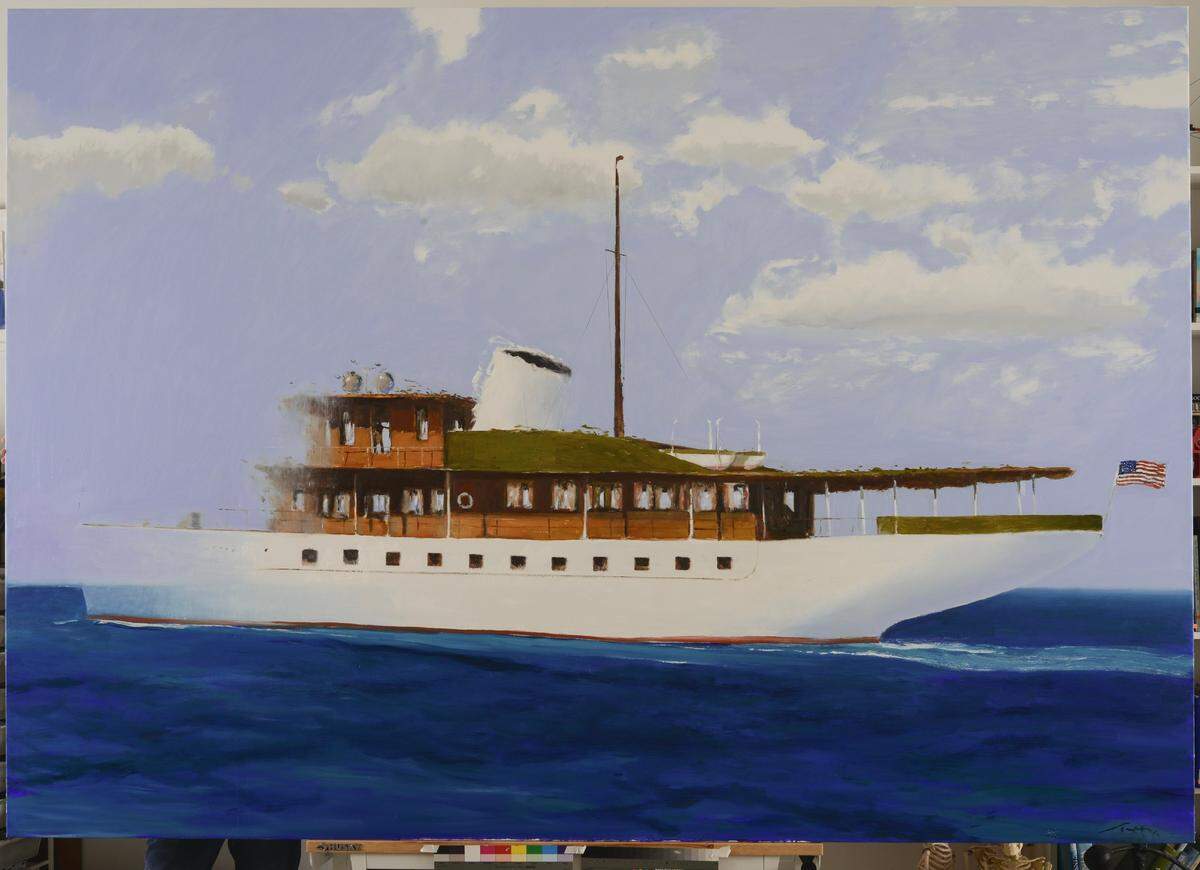 ‘The Inexplicable Disapperance of The M.Y. Lower Matecumbe’, 2023, óleo sobre lienzo, 84 x 120 pulgadas.