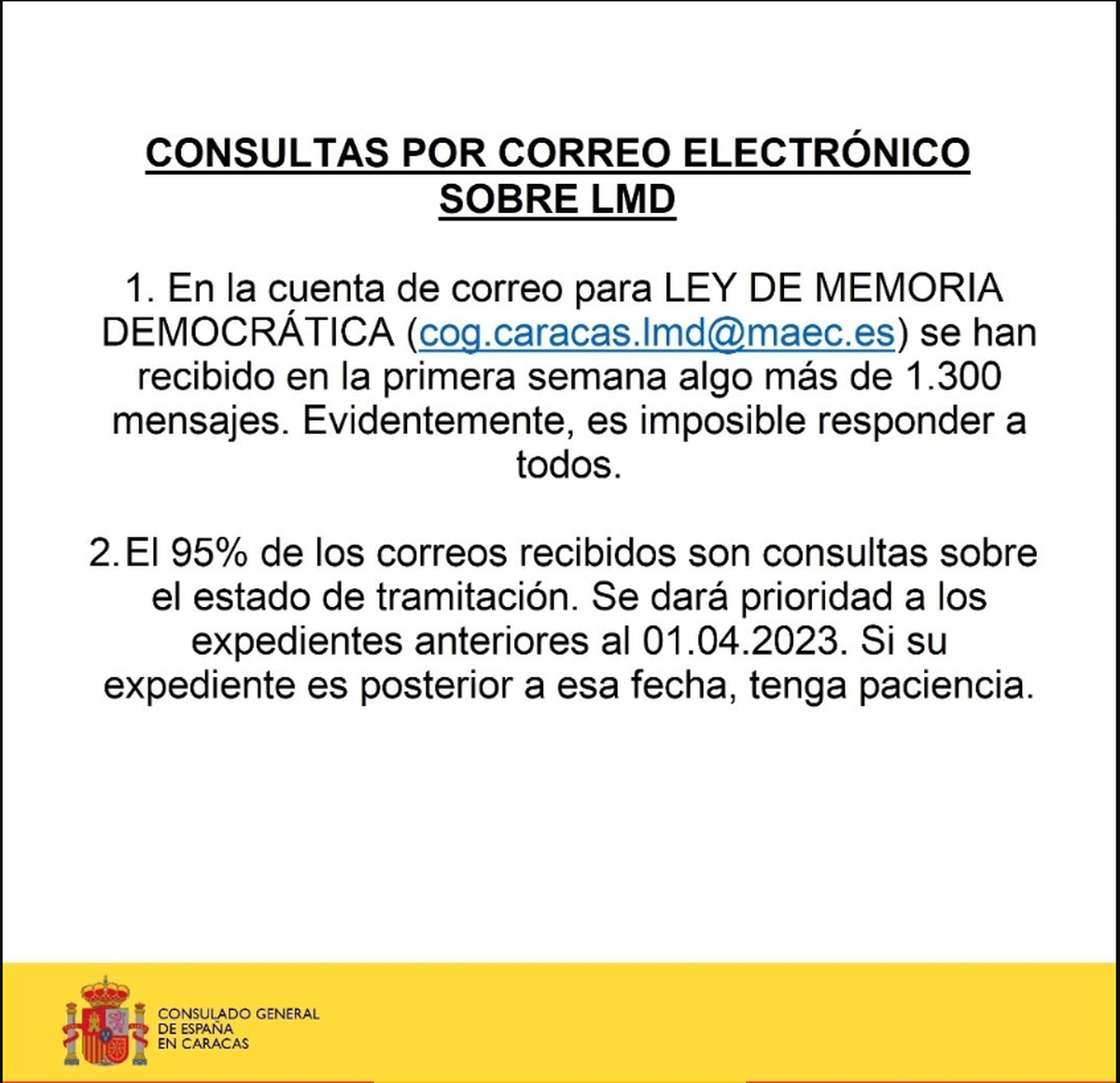 Comunicado del Consulado General de España en Caracas, Venezuela, para los solicitantes de la nacionalidad española por LMD o Ley de Nietos.