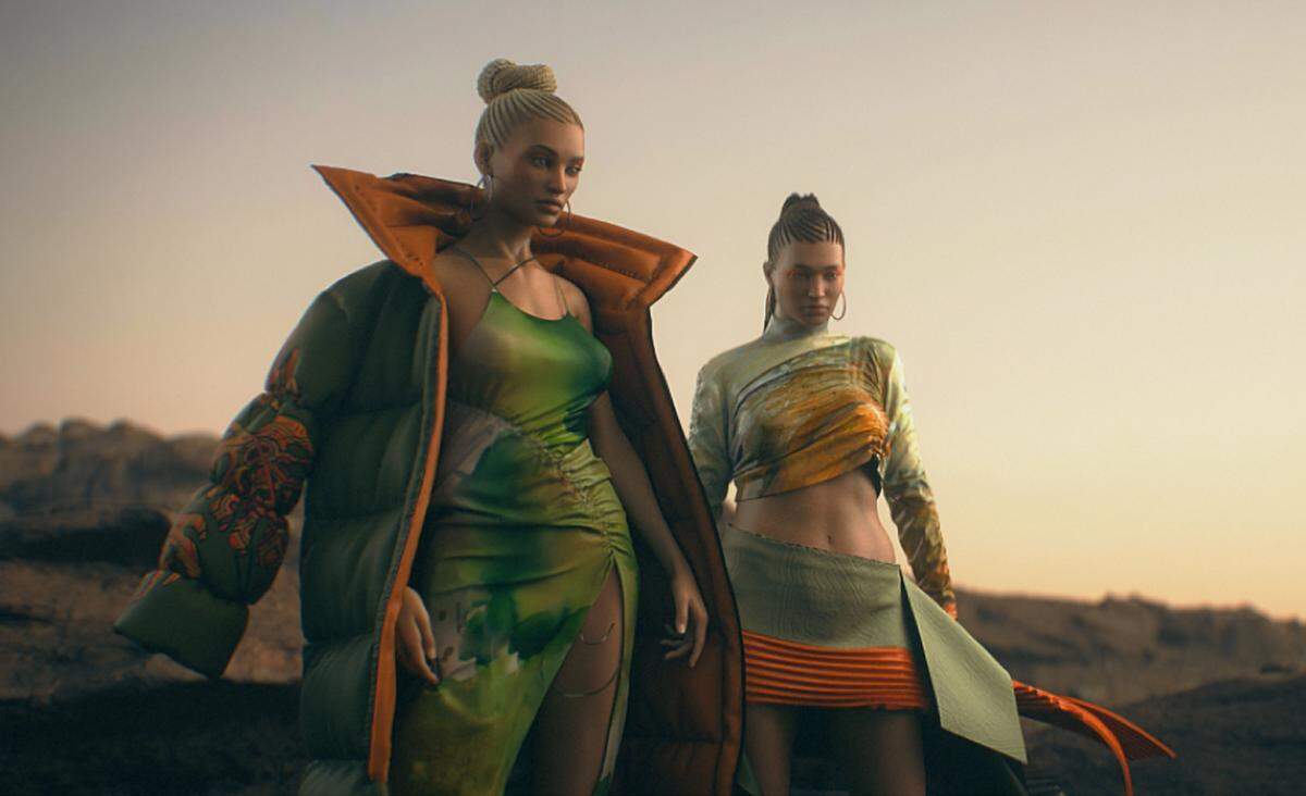 Un diseño digital que muestra dos mujeres en ropa verde y naranja en un paisaje rocoso. 