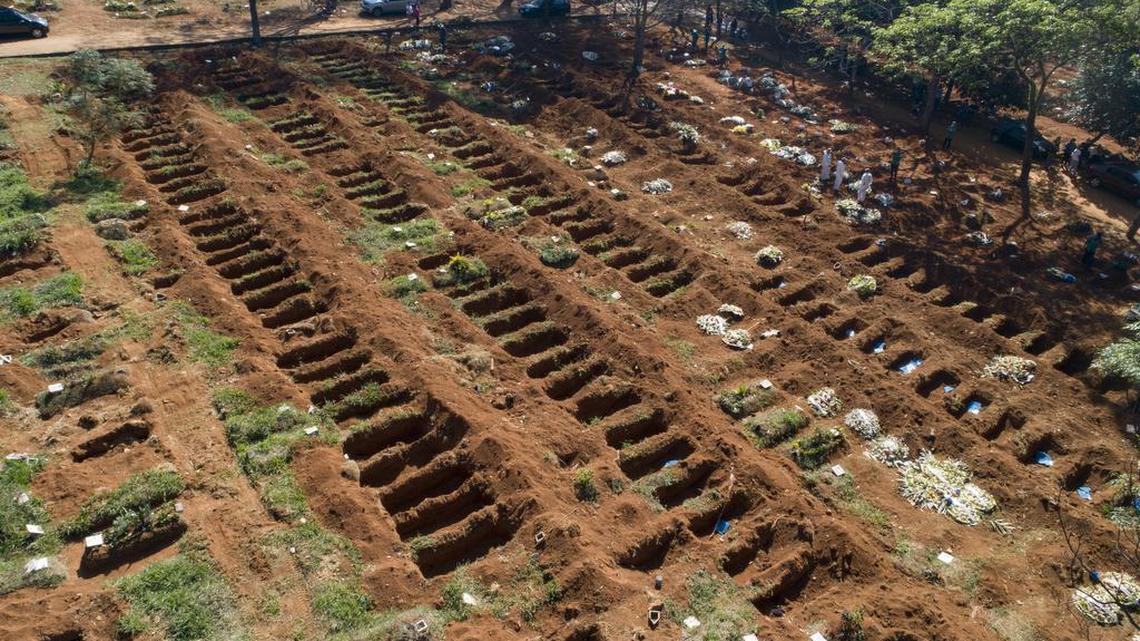 Workers in protective clothing conclude the burial of a person who died of COVID-19 at the Vila Formosa cemetery in São Paulo on May, 20, 2020.