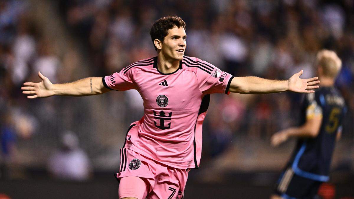 Jun 15, 2024; Philadelphia, PA, USA; Inter Miami forward Leo Afonso (73) celebrates after scoring a goal against the Philadelphia Union in a MLS game at Subaru Park. Mandatory Credit: Kyle Ross-USA TODAY Sports