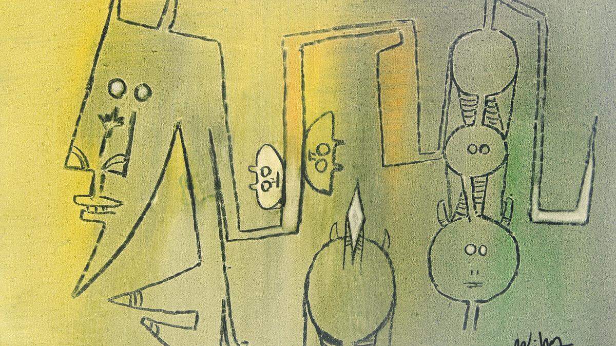 ‘Sin Título La Familia’, 1975, de Wifredo Lam, óleo sobre lienzo, 19.75 x 27.5 pulgadas. En Cernuda Gallery.