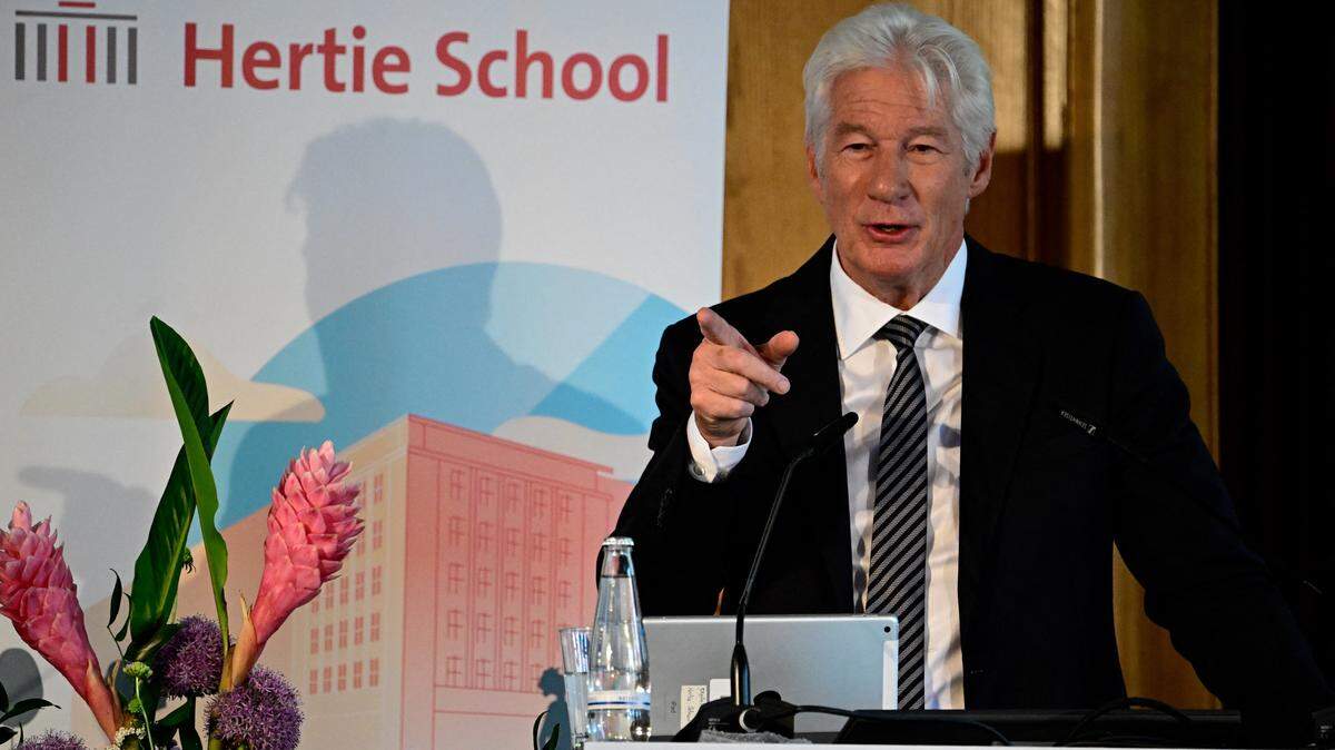 US actor, founder and Co-Chair of the Gere Foundation Richard Gere gives a speech at the Hertie School Centre for Fundamental Rights at a joint launch of an Initiative on Migration in Berlin on June 4, 2026. (Photo by Tobias SCHWARZ / AFP via Getty Images)