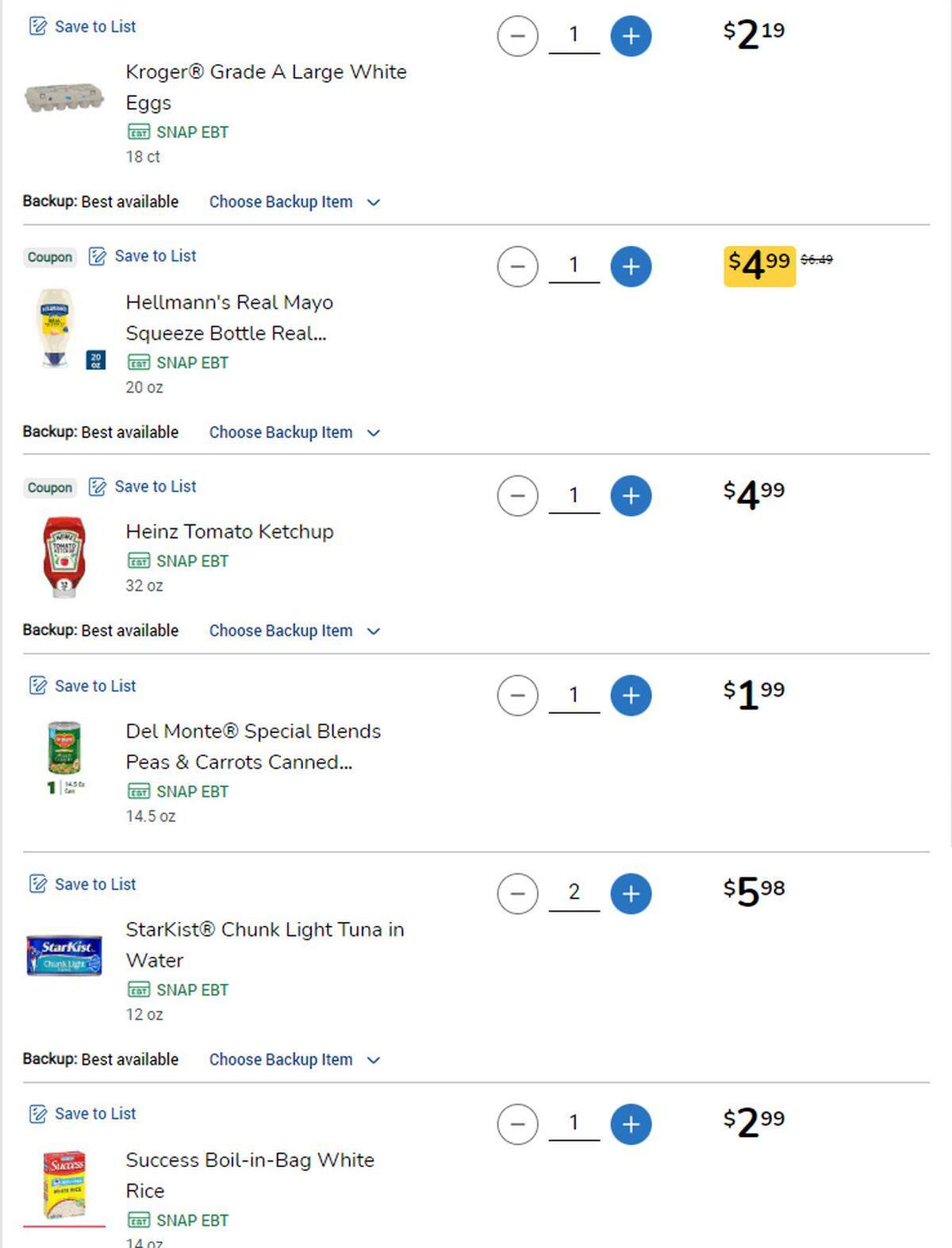 Lista de la compra basada en el supermercado Kroger. Precio aproximado: 23.13.