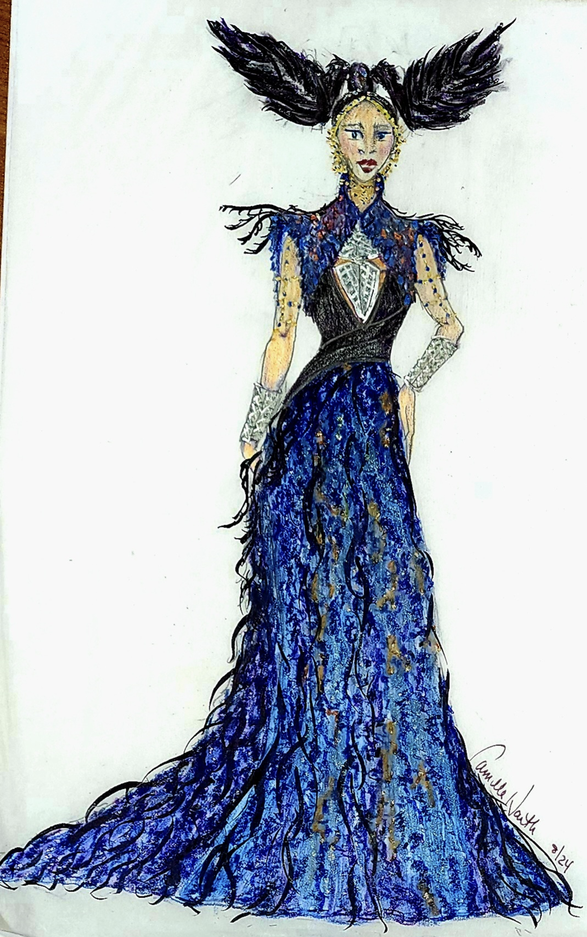 Boceto del elaborado vestuario de la Reina de la Noche, diseñado por Camilla Haith.
