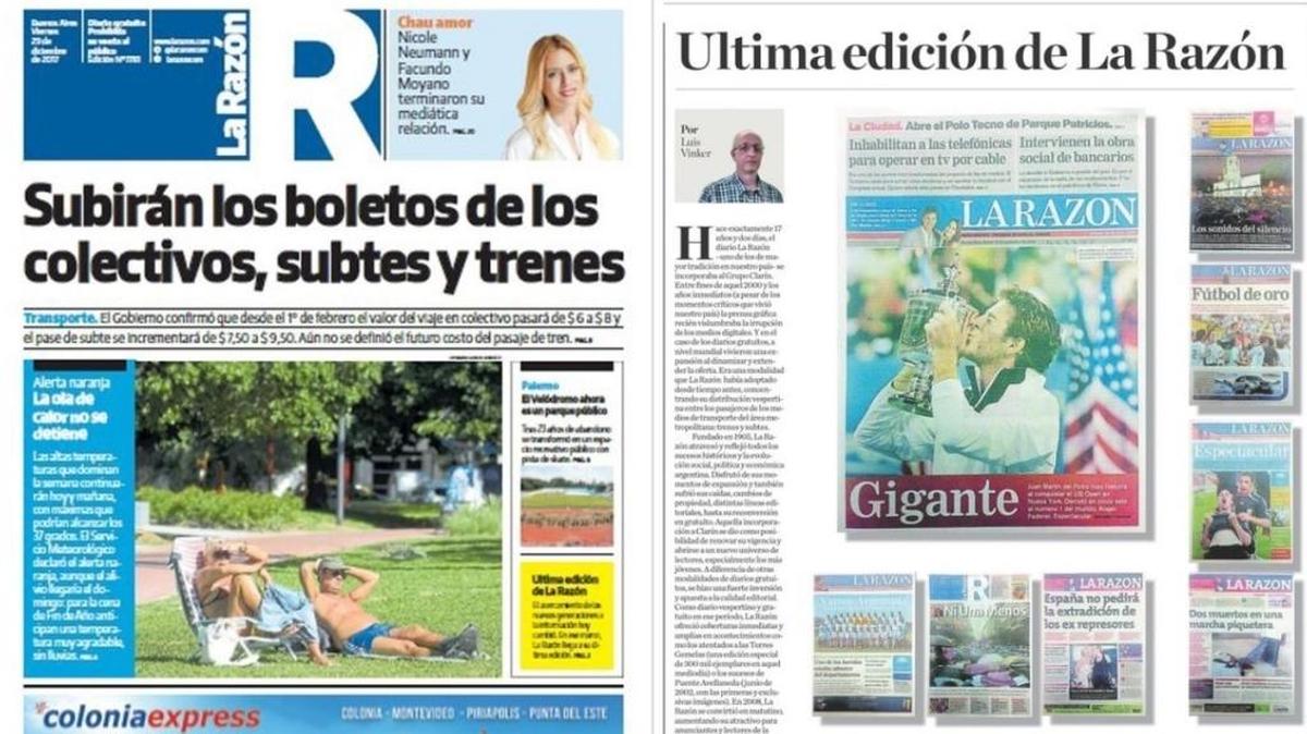 La última edición de ‘La Razón’ de Argentina circuló el viernes 29 de diciembre del 2017.