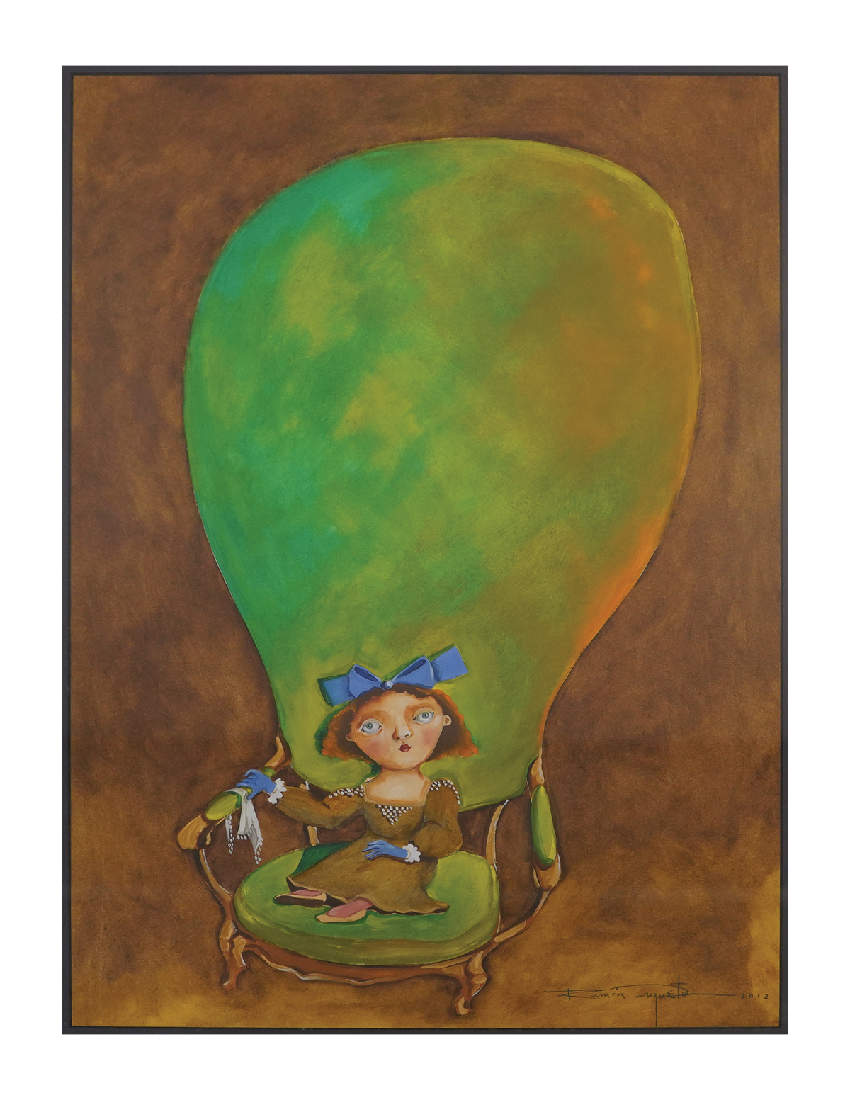 “La Niña en su Trono”, 2012, óleo sobre tabla, 18 x 23 pulgadas. Colección privada.