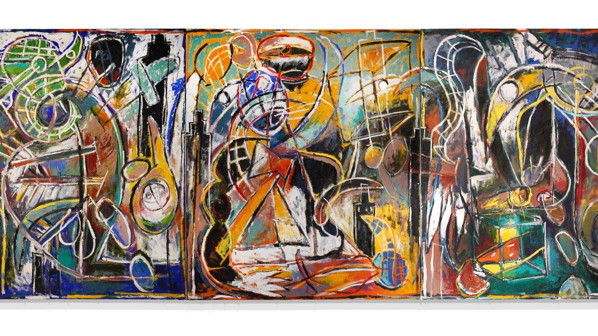 “The City”, 1989, óleo sobre lienzo, tres paneles, 96 x 252 pulgadas.