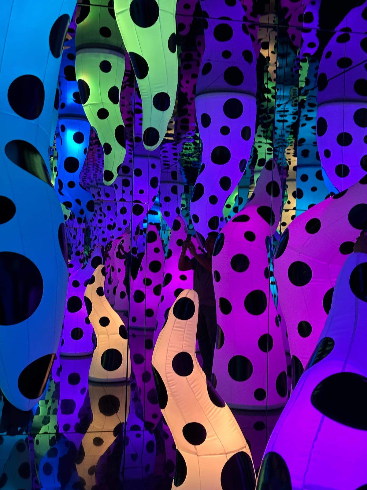 La instalación “Love is Calling” se construyó en madera, metal, vidrio espejado, vinilo, baldosas de cerámica, panel acrílico, sopladores, elementos de iluminación y altavoces, desde los que se escucha el poema de Kusama “Residing in a Castle of Shed Tears”. 