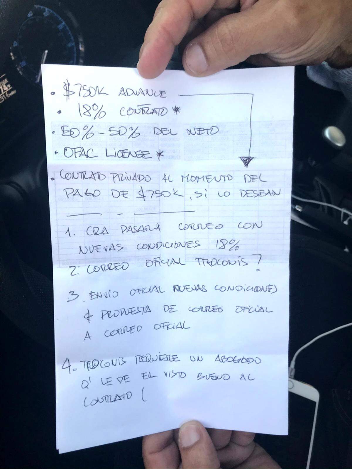 Anotaciones entregadas por dueños de la firma CRA que delinea los montos a ser pagados. El equipo del gobierno interino niega las acusaciones.